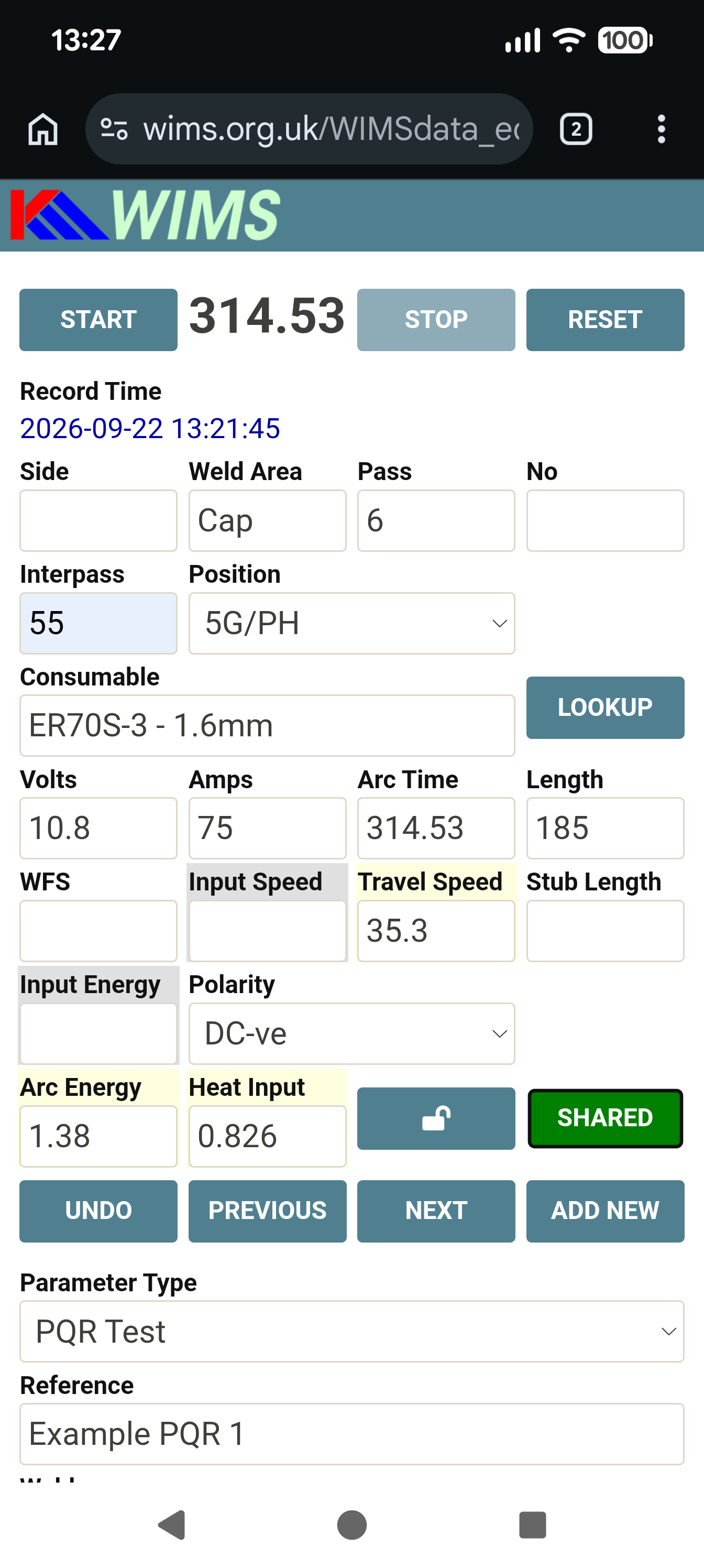 WIMSdata record with current Shared Key active